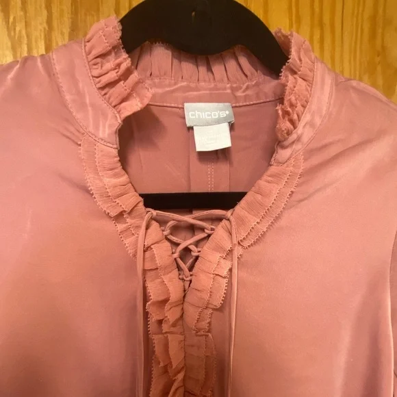Chicos Sandwashed Satin Ruffle Blouse - Picture 6 of 10